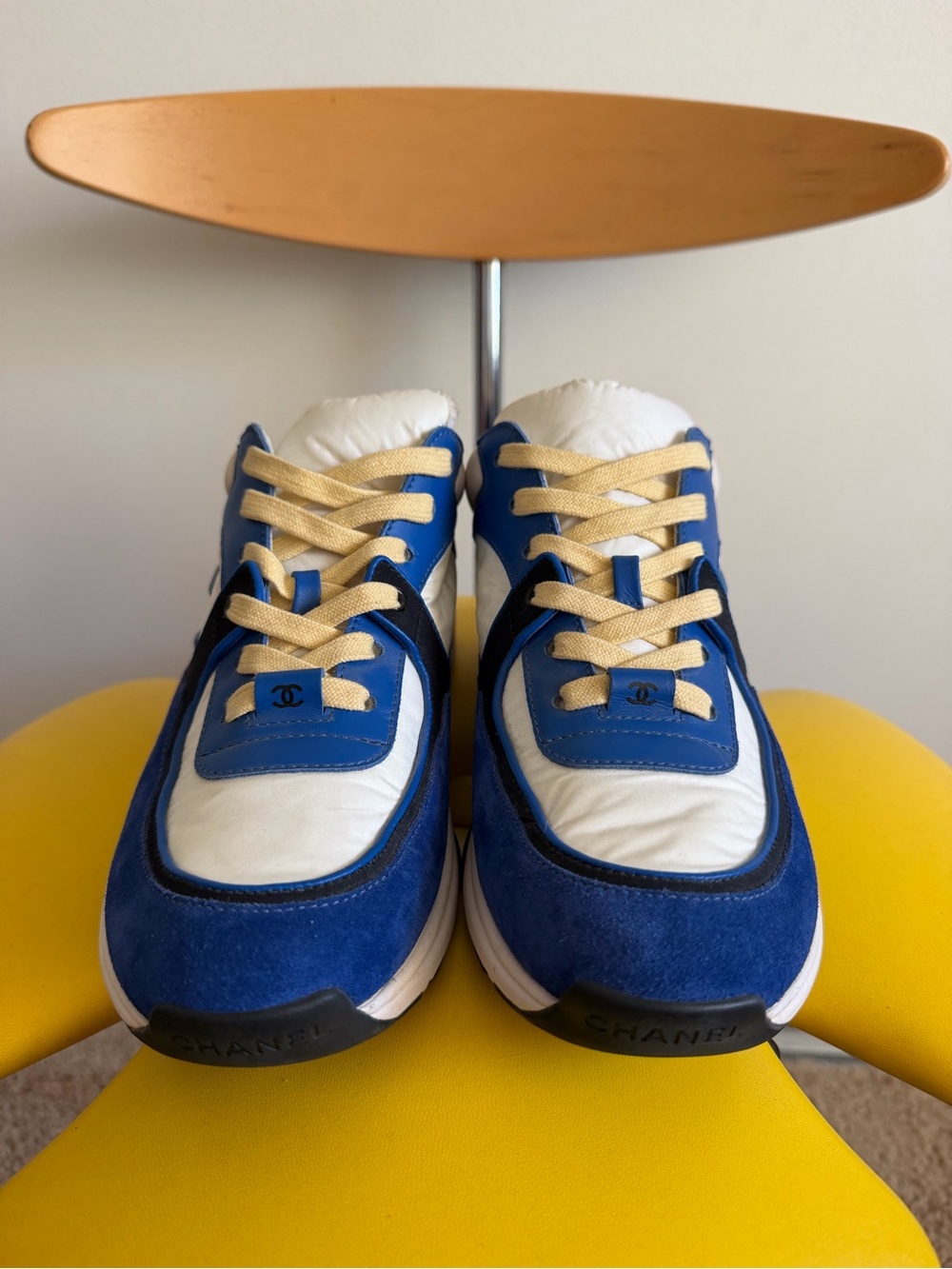 Chanel 2019 Cruise Blue / Yellow Suede Pastel CC Logo Runner Sneakers [7] - Picture 6 of 7